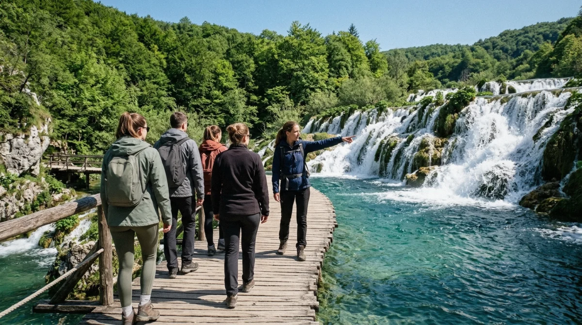 Hikers on a signed wooden boardwalk trail beside a turquoise lake at Plitvice Lakes National Park in Croatia