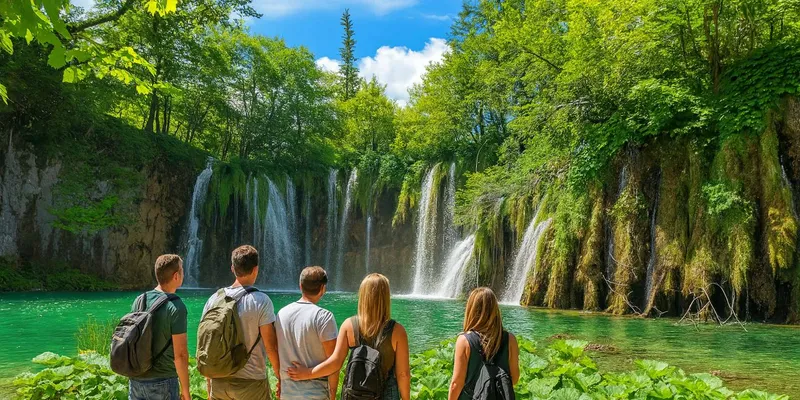 Waterfalls tumbling between wooded terraces on a Plitvice Lakes National Park tour from Zagreb, Croatia