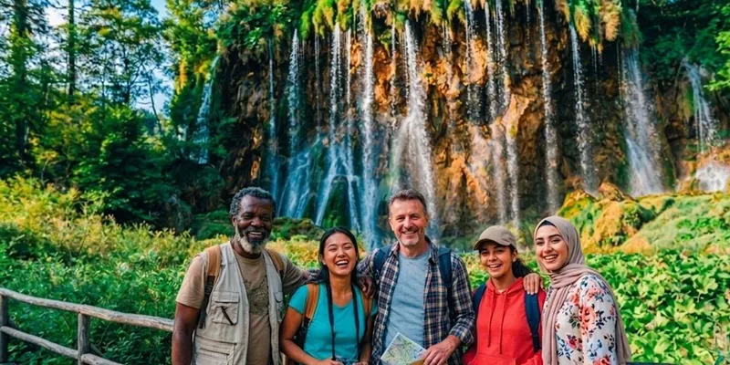 Small group walking the boardwalks on a Plitvice Lakes National Park tour from Zagreb, Croatia