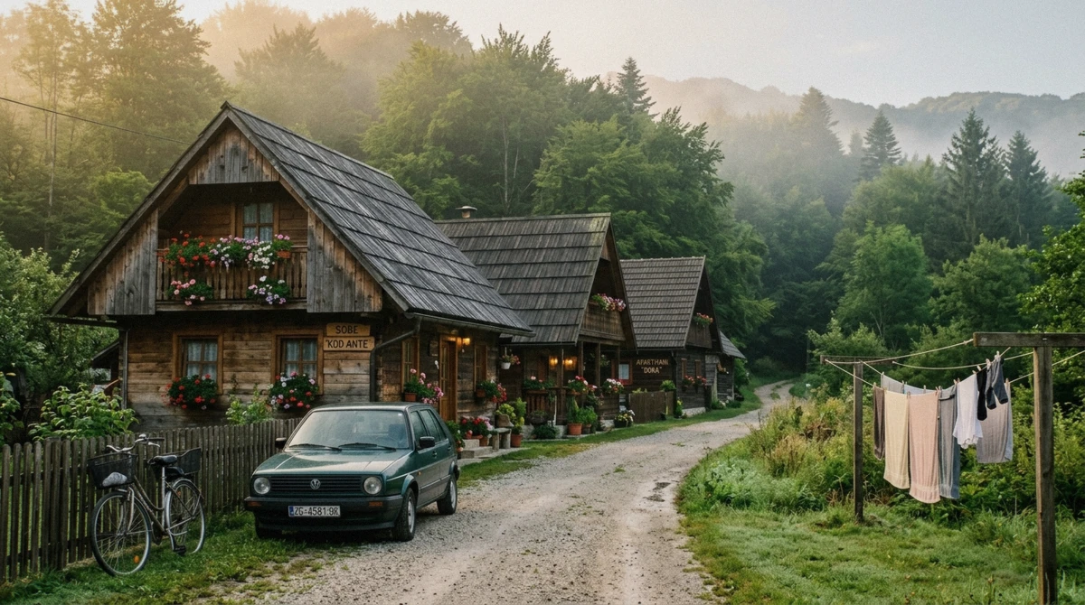 Wooden guesthouses in a village beside the forest near Plitvice Lakes National Park in Croatia